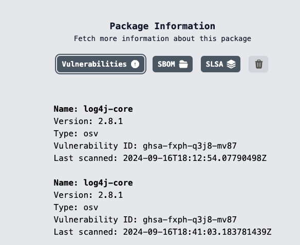 Screenshot of the GUAC Visualizer package information display showing vulnerabilities for a log4j package